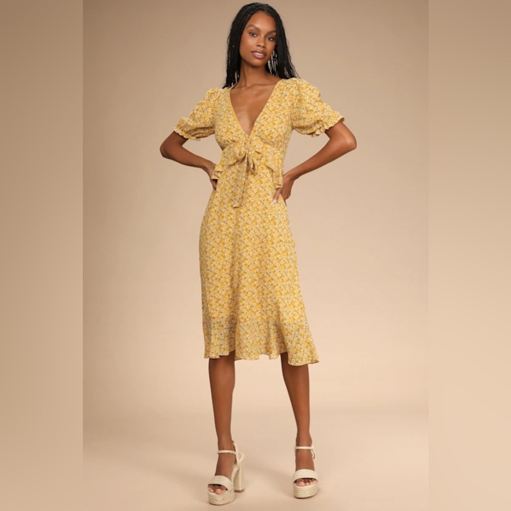 Anything Lovelier Yellow Floral Print Tiered Midi Dress - Picture 1 of 12